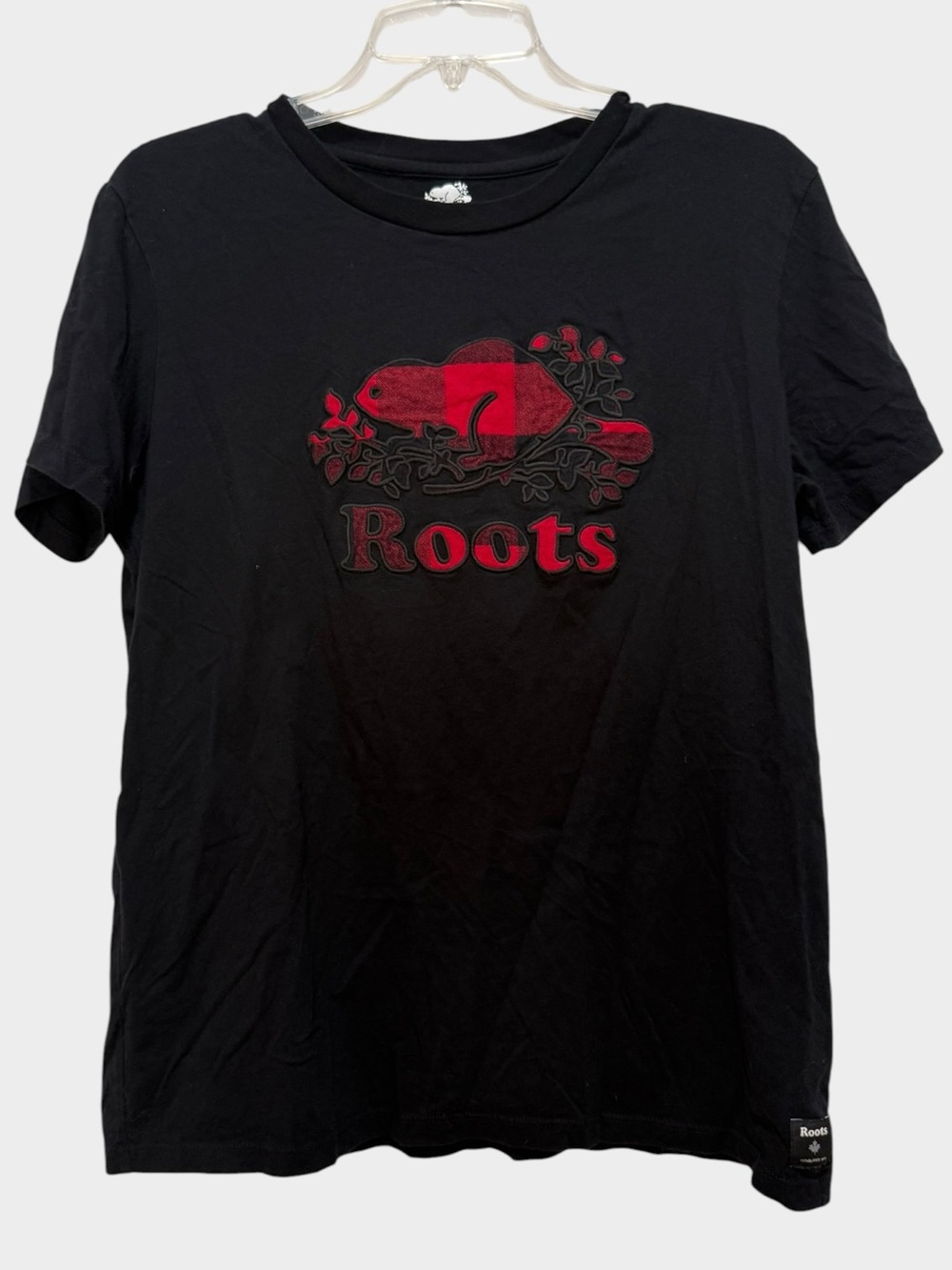 Roots Canada T-Shirt Black Beaver Logo Red Black Buffalo Plaid Sz L